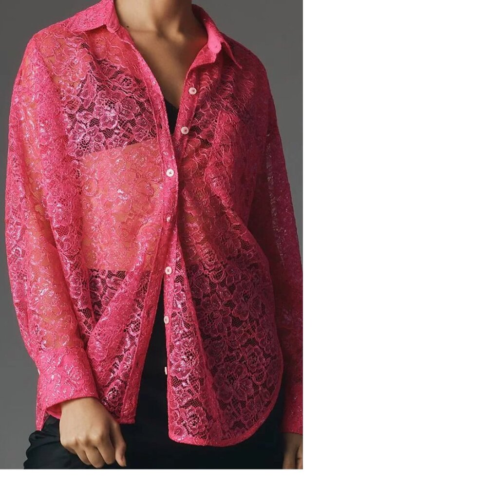 By Anthropologie Metallic Lace Buttondown Shirt pink size XSP PXS new nwt - Picture 5 of 9